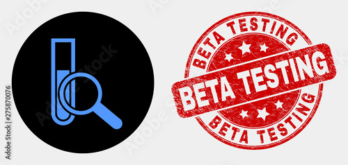 Rounded explore test-tube icon and Beta Testing seal stamp. Red rounded scratched seal stamp with Beta Testing text. Blue explore test-tube icon on black circle.
