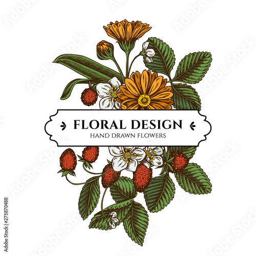 Floral bouquet design with colored calendula, lily of the valley, strawberry