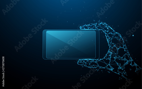 Hand holding horizontal smartphone from lines, triangles and particle style design. Illustration vector