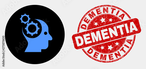 Rounded head gears pictogram and Dementia seal. Red rounded scratched seal stamp with Dementia text. Blue head gears icon on black circle. Vector combination for head gears in flat style.