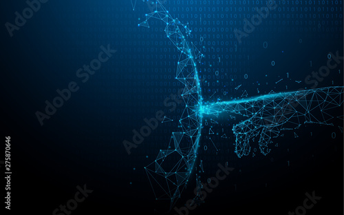 Hand touching global network connection and data from lines, triangles and particle style design. Illustration vector