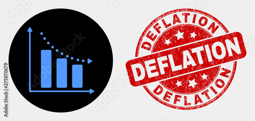 Rounded recession bar chart icon and Deflation seal stamp. Red rounded grunge stamp with Deflation text. Blue recession bar chart icon on black circle.