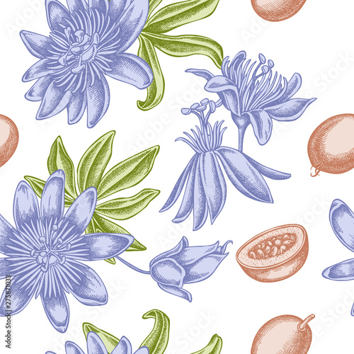 Seamless pattern with hand drawn pastel passion flower