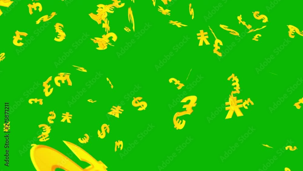 Signs of dollar, euro, pound and yen falling on the green screen Signs of dollar, euro, pound and yen falling on the green screen