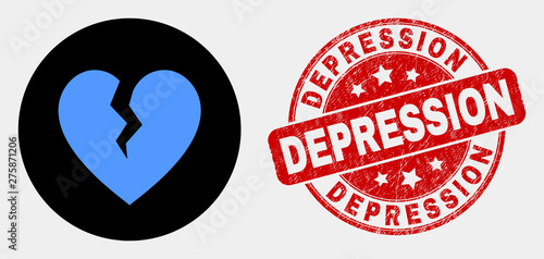 Rounded broken heart icon and Depression stamp. Red rounded distress seal stamp with Depression text. Blue broken heart icon on black circle. Vector composition for broken heart in flat style.