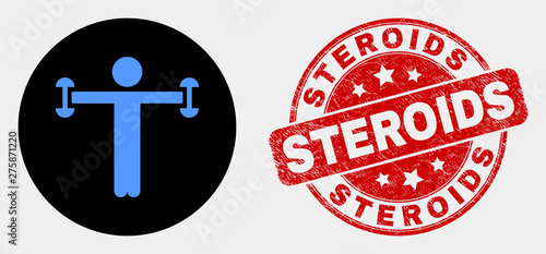 Rounded fitness person icon and Steroids seal stamp. Red rounded grunge seal with Steroids caption. Blue fitness person icon on black circle. Vector combination for fitness person in flat style.