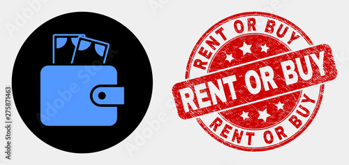 Rounded cash purse pictogram and Rent or Buy seal stamp. Red rounded textured seal stamp with Rent or Buy text. Blue cash purse symbol on black circle. Vector combination for cash purse in flat style.