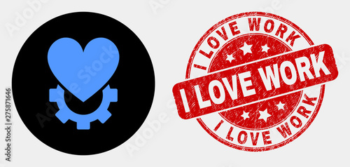 Rounded love gear icon and I Love Work seal stamp. Red rounded textured seal stamp with I Love Work caption. Blue love gear icon on black circle. Vector combination for love gear in flat style.