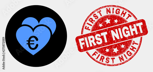 Rounded euro love hearts icon and First Night seal stamp. Red rounded distress seal stamp with First Night caption. Blue euro love hearts symbol on black circle.