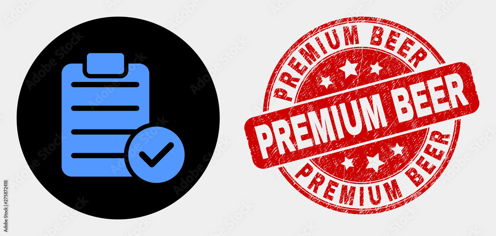 Rounded accept pad text icon and Premium Beer seal stamp. Red round textured seal stamp with Premium Beer caption. Blue accept pad text icon on black circle. Rounded accept pad text icon and Premium Beer seal stamp. Red round textured seal stamp with Premium Beer caption. Blue accept pad text icon on black circle.