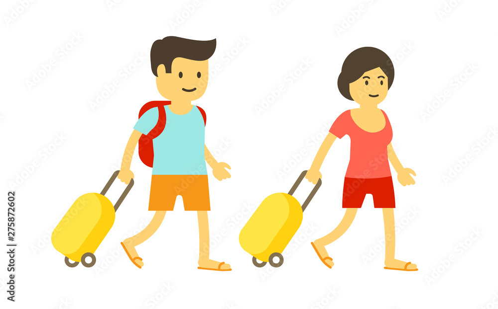 Woman and man go on vacation. Couple of tourists on vacation. Suitcase on wheels, summer travel. Cartoon style. Woman and man go on vacation. Couple of tourists on vacation. Suitcase on wheels, summer travel. Cartoon style.