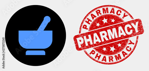 Rounded mortar icon and Pharmacy seal stamp. Red rounded textured seal stamp with Pharmacy text. Blue mortar icon on black circle. Vector composition for mortar in flat style.