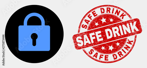 Rounded lock icon and Safe Drink seal stamp. Red rounded textured seal stamp with Safe Drink caption. Blue lock icon on black circle. Vector combination for lock in flat style.