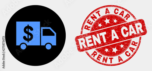 Rounded banking delivery icon and Rent a Car seal stamp. Red rounded distress stamp with Rent a Car caption. Blue banking delivery symbol on black circle.