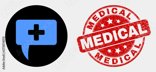Rounded medical message hint pictogram and Medical seal. Red rounded distress seal with Medical caption. Blue medical message hint icon on black circle.