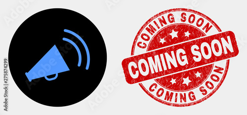 Rounded megaphone sound icon and Coming Soon watermark. Red rounded scratched watermark with Coming Soon caption. Blue megaphone sound icon on black circle.