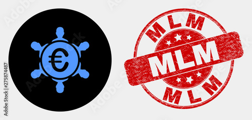 Rounded euro people company icon and Mlm seal. Red rounded textured seal with Mlm caption. Blue euro people company icon on black circle. Vector composition for euro people company in flat style.