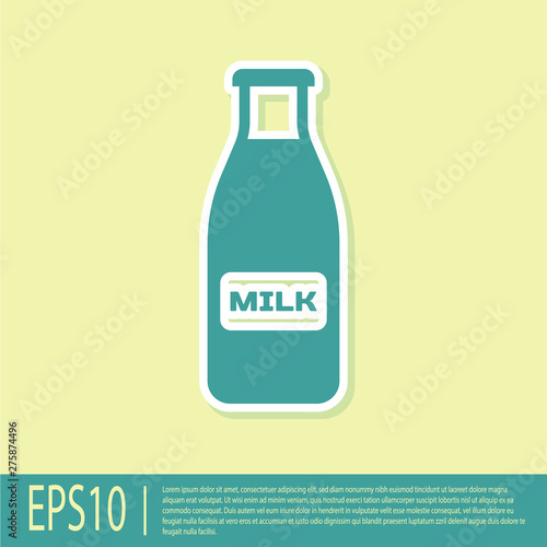 Green Closed glass bottle with milk and cap icon isolated on yellow background. Flat design. Vector Illustration