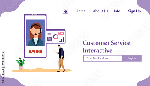 Fototapeta Naklejka Na Ścianę i Meble -  Landing Page Website Customer Service Interactive , Call Center for online Shopping and Business Concept Vector Template Design Illustration