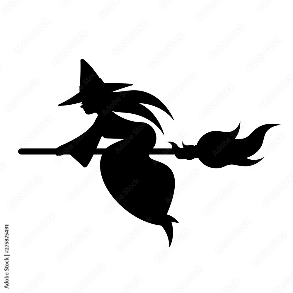 Obraz premium Silhouette of Young Witch on Broom
