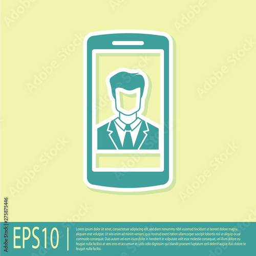 Green Smartphone with contact on screen icon isolated on yellow background. Incoming call. Human on phone screen. Call contact. Flat design. Vector Illustration