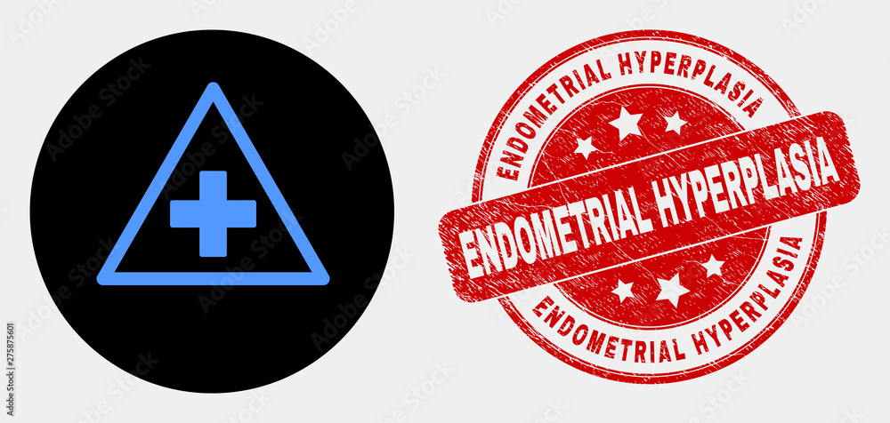 Rounded medical warning triangle icon and Endometrial Hyperplasia seal. Red rounded distress seal with Endometrial Hyperplasia text. Blue medical warning triangle icon on black circle.