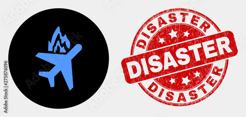 Rounded airplane crash icon and Disaster stamp. Red rounded grunge stamp with Disaster text. Blue airplane crash icon on black circle. Vector composition for airplane crash in flat style.