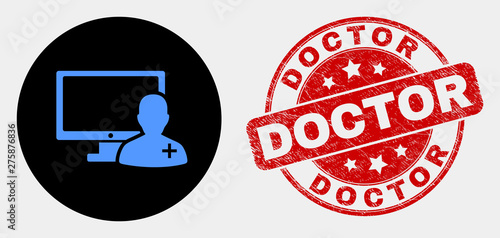 Rounded online doctor icon and Doctor seal stamp. Red rounded scratched seal stamp with Doctor caption. Blue online doctor icon on black circle. Vector composition for online doctor in flat style.