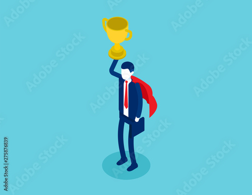 Isometric businessman a winner cup over head. Concept isometric business successful vector illustration concept, Isometric flat cartoon character style design.