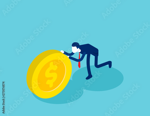 Isometric businessman push coin. Concept business financial isometric vector illustration, Shove, Isometric flat cartoon, character style design