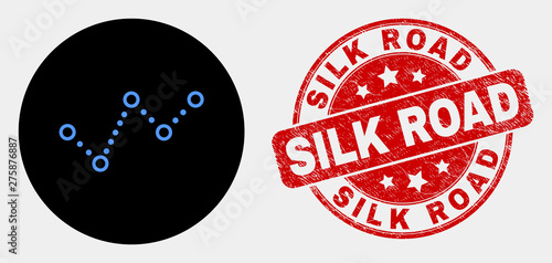 Rounded dotted trend chart icon and Silk Road stamp. Red rounded grunge seal with Silk Road text. Blue dotted trend chart icon on black circle. Vector composition for dotted trend chart in flat style.