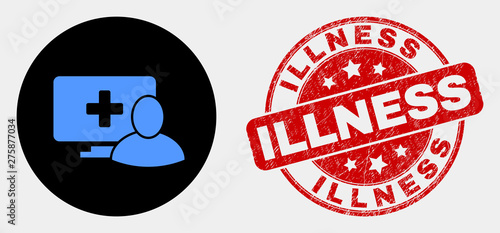 Rounded computer patient icon and Illness seal stamp. Red rounded scratched seal with Illness text. Blue computer patient icon on black circle. Vector composition for computer patient in flat style.