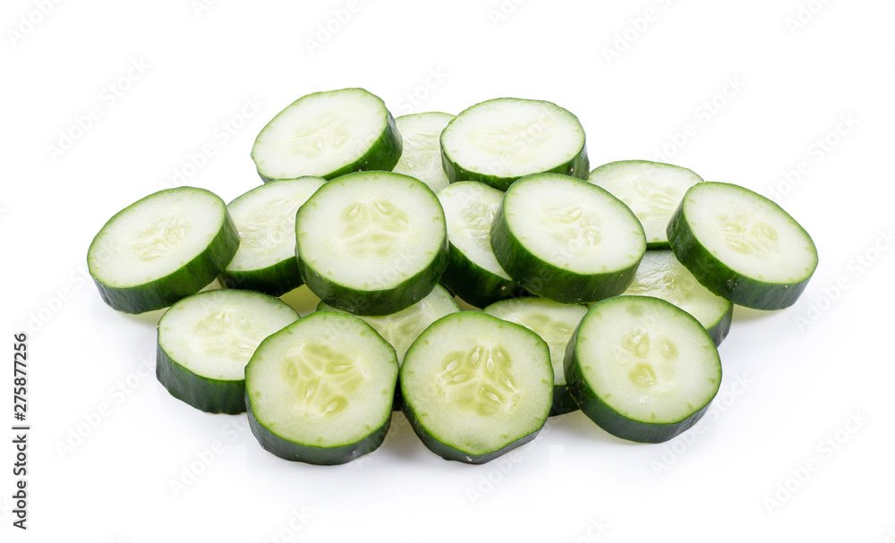 Cucumber and slices isolated over white background. full depth of field Cucumber and slices isolated over white background. full depth of field
