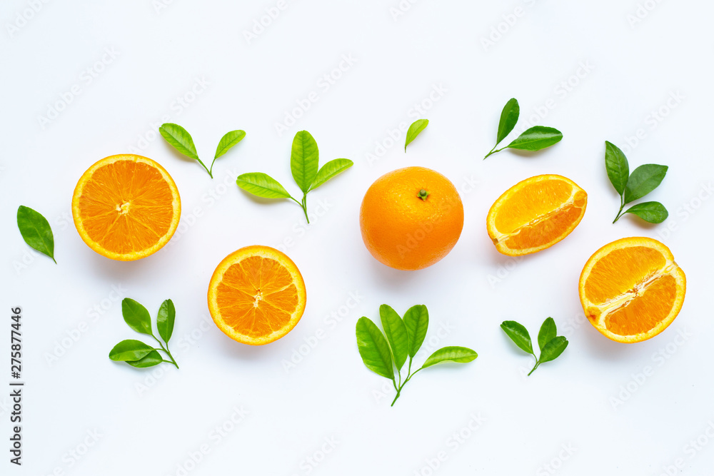 High vitamin C, Juicy and sweet. Fresh orange fruit with green leaves on white High vitamin C, Juicy and sweet. Fresh orange fruit with green leaves on white