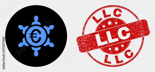 Rounded euro people union icon and Llc seal stamp. Red rounded grunge seal with Llc text. Blue euro people union symbol on black circle. Vector composition for euro people union in flat style.
