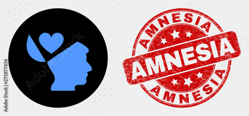 Rounded favourites open mind pictogram and Amnesia stamp. Red rounded grunge stamp with Amnesia text. Blue favourites open mind icon on black circle.