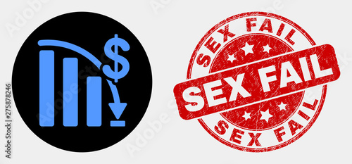 Rounded crisis bar chart icon and Sex Fail seal stamp. Red rounded textured stamp with Sex Fail text. Blue crisis bar chart icon on black circle. Vector composition for crisis bar chart in flat style.