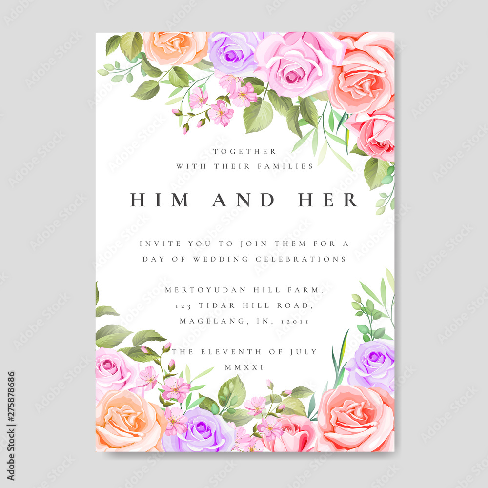 beautiful wedding and invitation card with floral and leaves frame