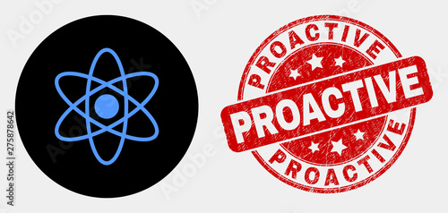Rounded atom icon and Proactive seal stamp. Red rounded distress seal stamp with Proactive text. Blue atom icon on black circle. Vector composition for atom in flat style.