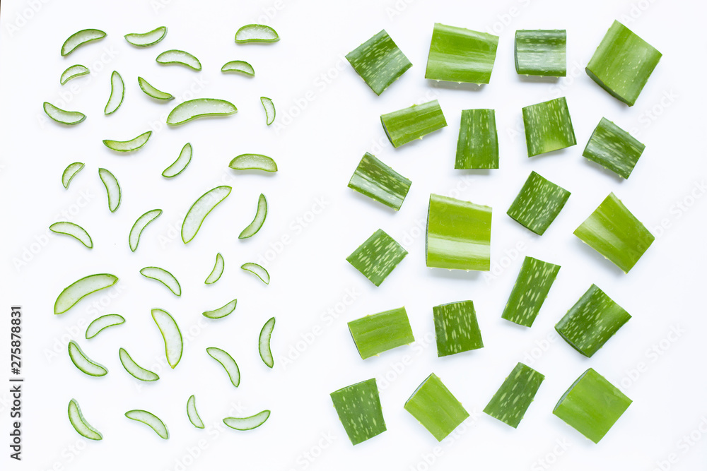 Aloe vera pieces with slices on white Aloe vera pieces with slices on white