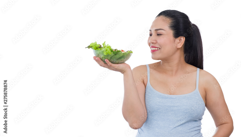 Fat woman holding vegetable salad. Eating food to lose weight. isolated white background. Fat woman holding vegetable salad. Eating food to lose weight. isolated white background.