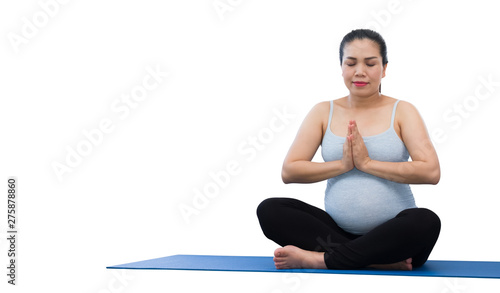 Asia Pregnant woman doing yoga exercise isolated on white background.