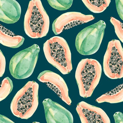 Papier peint photo Fruits aquarelle patrons Papayes aquarelle motif estival tropical  © Anna