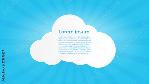 Minimalistic design paper art with cloud on blue sky startburst or sunbeam background. Copy space. Speech Bubble, White blank hanging.. photo