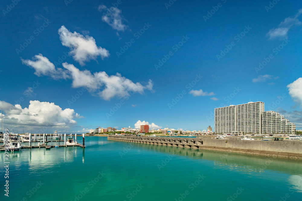 Hamakawa fishing port and fisherina district in the vicinity of the American Village in Chatan City of Okinawa.