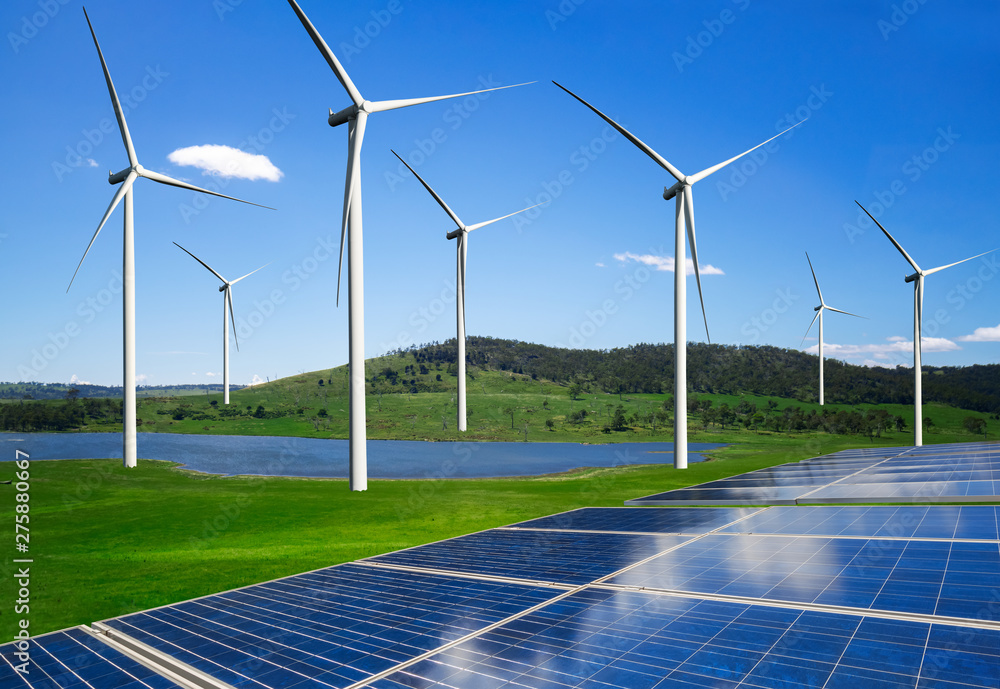 Solar energy panel photovoltaic cell and wind turbine farm power ...