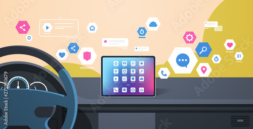 vehicle cockpit with smart driving assistance apps automobile computer assistant menu icons on board screen multimedia concept modern car interior flat horizontal