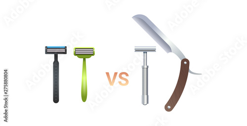 straight metal vs plastic shaving razors skin care instrument zero waste concept flat white background horizontal
