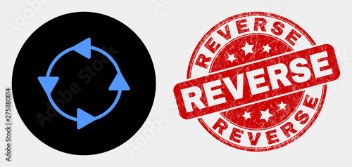 Rounded CCW circulation arrows icon and Reverse stamp. Red rounded scratched seal stamp with Reverse text. Blue CCW circulation arrows icon on black circle.