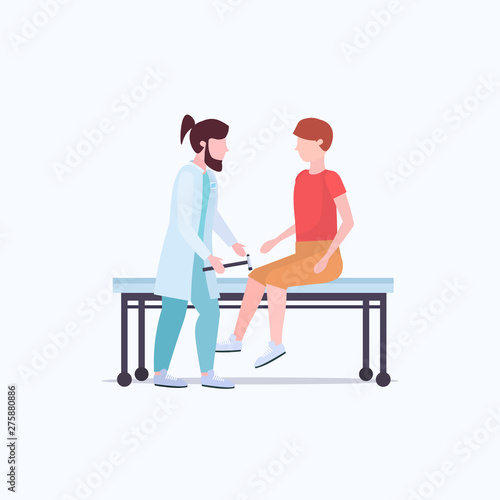 neurologists testing knee-jerk on man knee doctors in uniform using hummer checking reflexes of male patient medicine healthcare concept full length flat